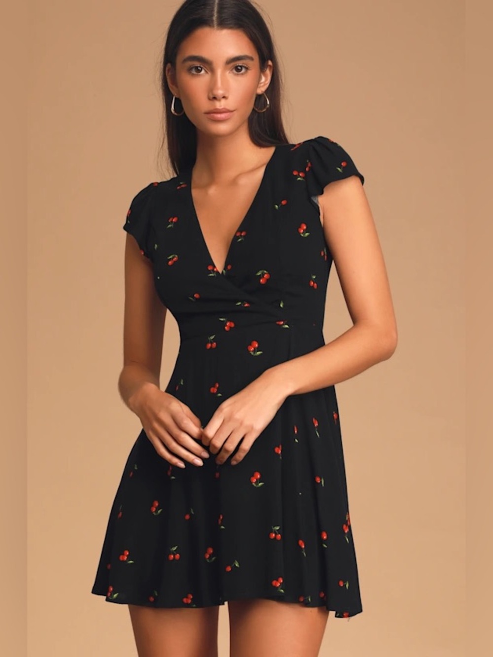 Lulu's Black Mini Dress with Red Cherry Print